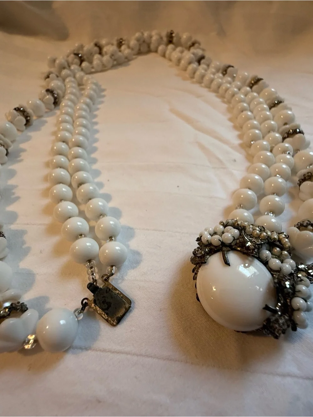 Miriam Haskell White Beaded Multi-Strand Necklace with Rhinestone Spacers